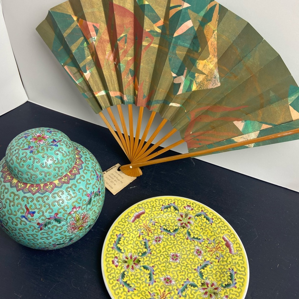 Vintage Ginger Jar, plate & Watercolor Fan